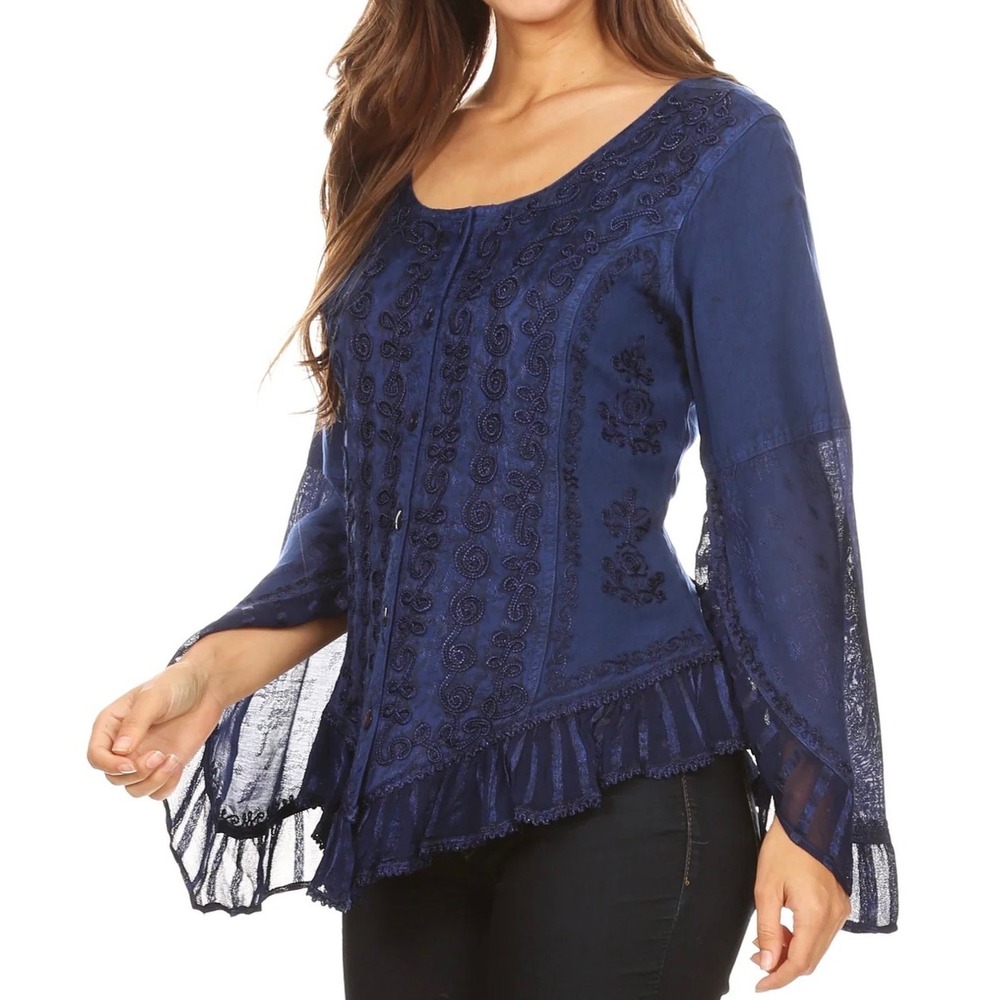 Sakkas Womens Boho Embroidered Bell Sleeve Button Down Blouse Navy Blue Medium - Picture 6 of 10